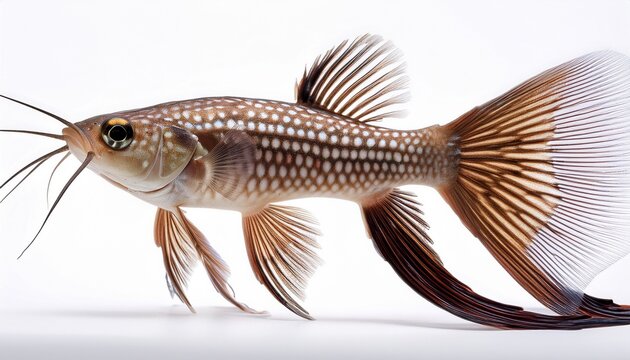 whiskered wonder a detailed close up showcases a unique freshwater fish with striking patterns and long barbels captured against a clean white background