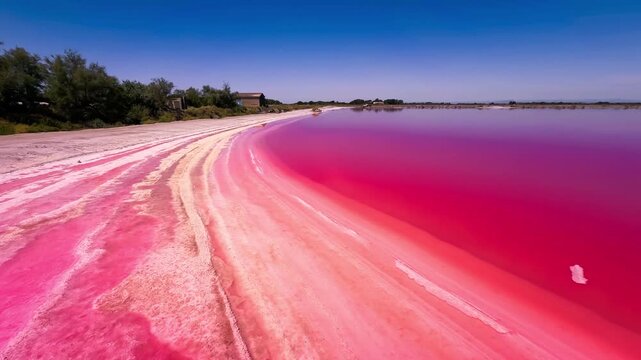 Pink lakes salt marshes, salt mining medieval town of Aigues-Morte, Camargue, France. High quality 4k footage