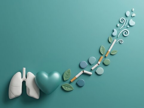 Human lungs and heart with broken cigarette releasing leaves and smoke against teal background