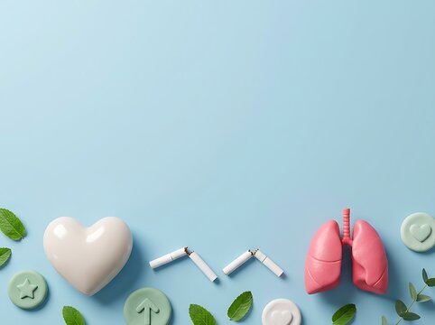 Pink lungs and heart beside broken cigarettes with green leaves on blue background