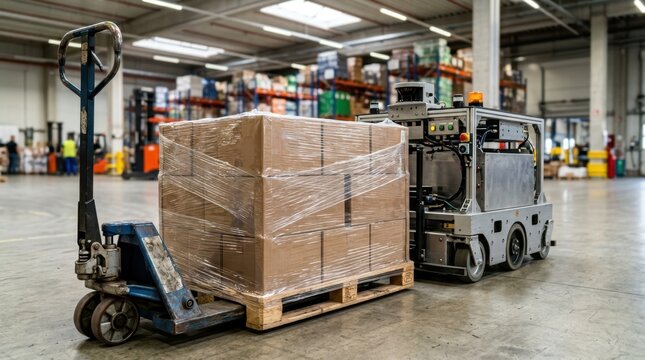 Warehouse agv beside pallet jack, shrink wrapped cartons and guide rail in logistics center