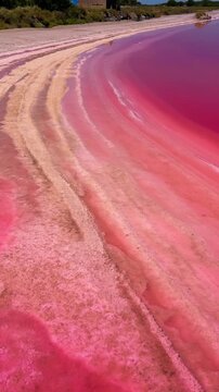 Pink lakes salt marshes, salt mining medieval town of Aigues-Morte, Camargue, France. High quality 4k footage