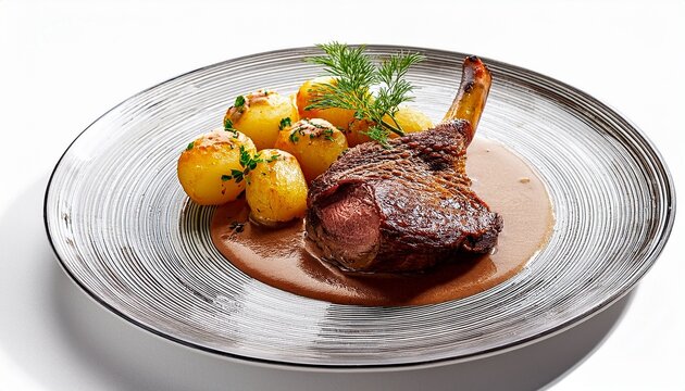 plate of veal leg grenaille potatoes pepper sauce on white background