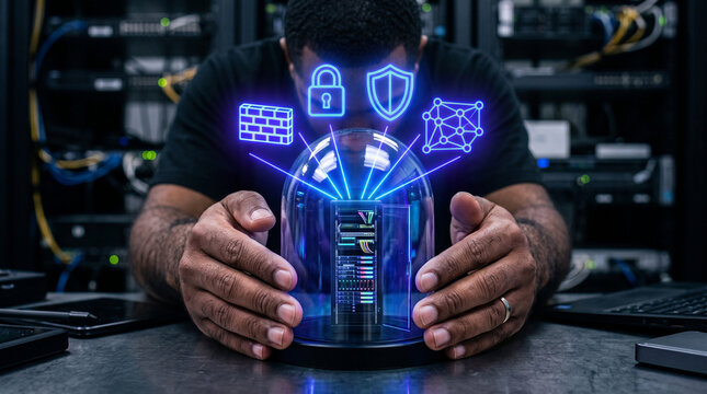 Cybersecurity data protection concept with IT professional protecting server rack under glass dome with glowing security icons in data center.