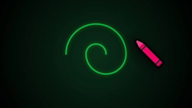 Abstract neon spiral drawn with a pink crayon on dark background