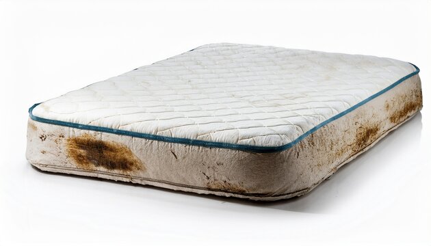 old dirty stained mattress isolated on white background cut out