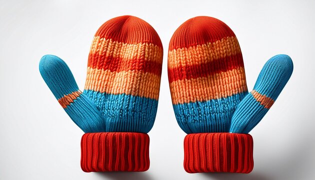 a pair of colorful knitted mittens side by side perfect for keeping hands warm in the cold weather they are orange red and blue in colour isolated white background