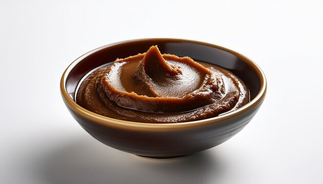 a close up shot of a bowl of delicious dark colored miso paste ready to be enjoyed isolated white background