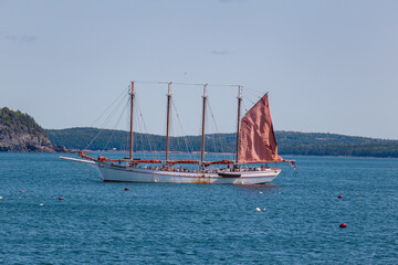 Four-masted wooden schooner Margaret Todd sailing across Frenchman Bay near Bar Harbor, Maine. Photographed September 8, 2026, the historic-style sailing vessel creates a classic maritime scene along  © Katie Dobies