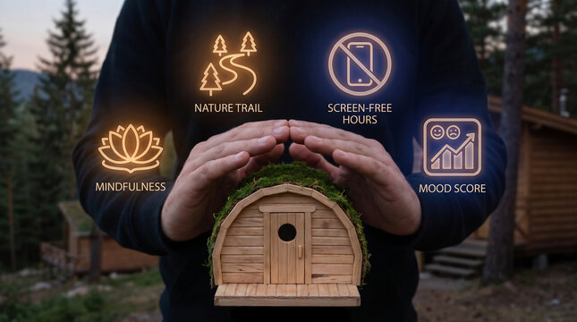 Mental health wellness and digital detox concept with hands protecting a wooden house and mindfulness icons.