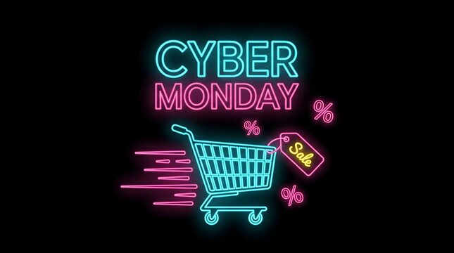 Cyber Monday neon sign banner with glowing shopping cart and discount price tag for online retail promotion marketing and seasonal digital commerce sales
