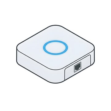 Isometric smart home hub with blue glowing ring and network port
