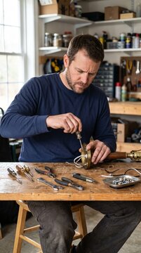 A man working on a brass object at a workbench, surrounded by tools. He is focused and skilled, with a collection of screwdrivers and other implements laid out before him