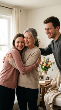 A heartwarming moment as a young woman embraces her smiling grandmother, with a happy man looking on. The scene evokes feelings of love, family, and intergenerational connection