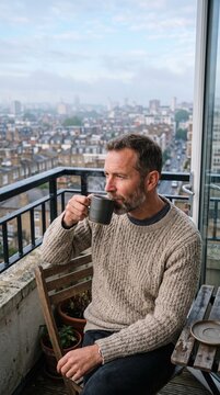 A man enjoys a quiet moment on a balcony, sipping from a mug while overlooking a hazy cityscape. The man wears a cozy knit sweater, and the balcony has a railing and a small table