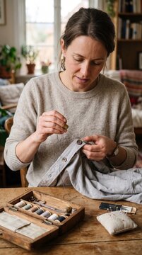 A woman carefully sewing a button onto a gray garment with a needle and thread. A wooden sewing box filled with spools of thread and other notions sits on the table beside her.