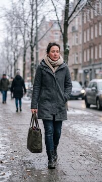 A woman walking down a city street during a snowy winter day, holding a tote bag. She is wearing a winter coat and scarf