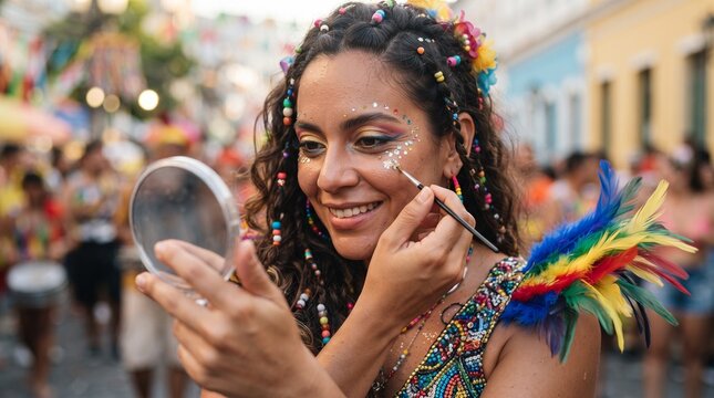 A woman applies glitter to her face at a vibrant street festival. She holds a mirror and wears colorful face paint and a feather headdress, smiling with anticipation