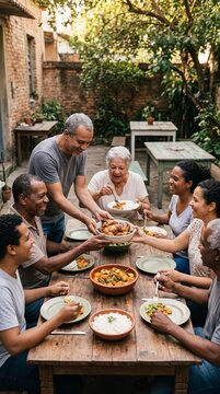 A multi-generational family enjoying a delightful outdoor meal, sharing food and laughter around a rustic wooden table. The warm sunlight filters through the lush greenery.