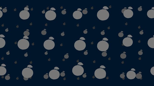 Orange symbols float horizontally from left to right. Parallax fly effect. Floating symbols are located randomly. Seamless looped 4k animation on dark blue background
