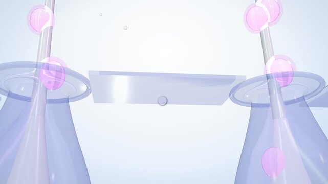 Abstract 3D Scientific Flasks with Pink Spheres in Bright Laboratory
