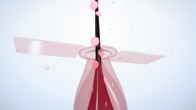 3D animation of pink serum droplets sliding down a hair follicle