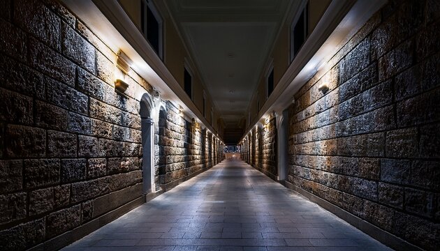 long corridor with stone walls and soft lighting leading to a distant space in a building at night