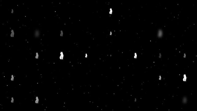 Template animation of evenly spaced cat symbols of different sizes and opacity. Animation of transparency and size. Seamless looped 4k animation on black background with stars