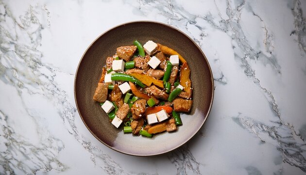 tender pork stir fry with tofu top view marble background natural light