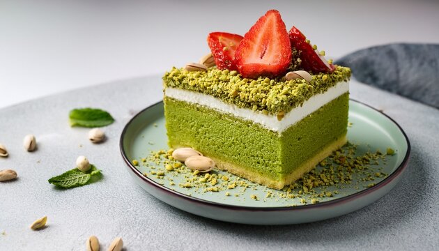 square slice of matcha sponge cake with fresh cream strawberries mint and pistachio crumbs