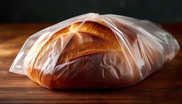 freshly baked bread wrapped in plastic on a wooden surface