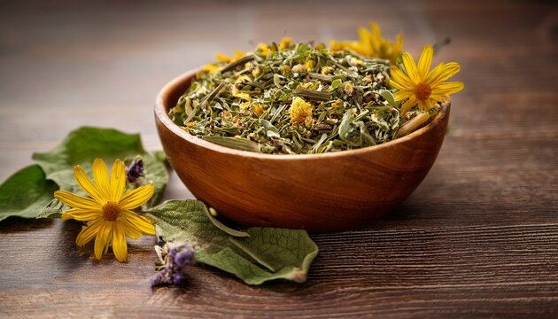wooden bowl filled with dried tribulus terrestris leaves and flowers illustrating herbal healing practices