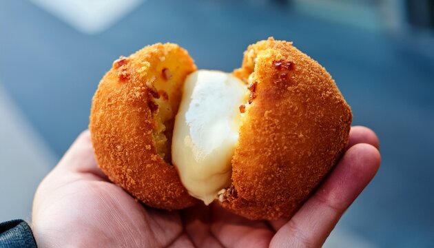 hand holding split sicilian arancini rice ball with melting mozzarella cheese italian fried street food