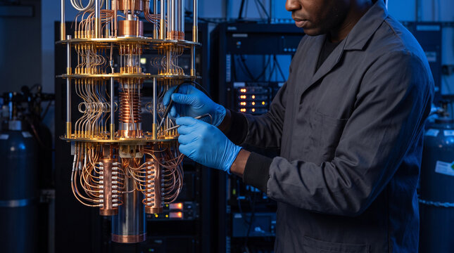 engineer assembling complex quantum computing hardware
