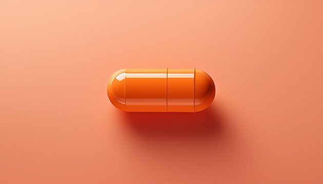 single round orange pill floating against a solid peach background