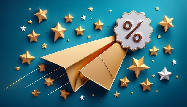 3d paper airplane delivering a discount tag with percentage symbol and stars
