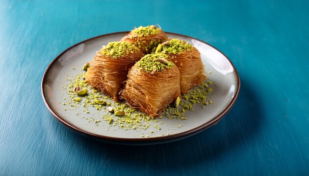 traditional turkish kadaif pastry topped with crushed pistachios and served on a ceramic plate