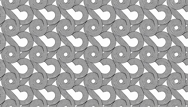 seamless pattern with interlocking black loops and curves geometric line art background isolated on white background