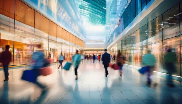 blurred background of a modern shopping mall with some shoppers shoppers walking at shopping center motion blur abstract motion blurred shoppers with shopping bags ai