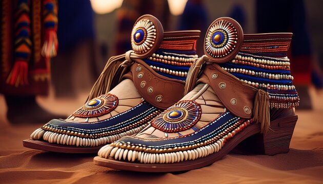 intricate beaded native american moccasins and regalia at powwow in arizona created with generative ai