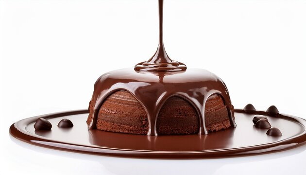pouring chocolate dripping from cake top chocolate streams isolated on white background