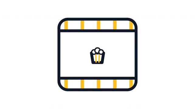 Cinema film frame icon with popcorn bucket on white background