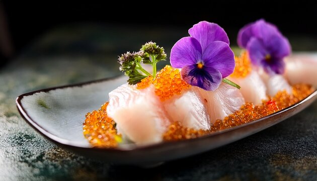macro shot of fresh white fish ceviche sashimi topped with bright purple edible flowers and roe gourmet sashimi ceviche floral garnish