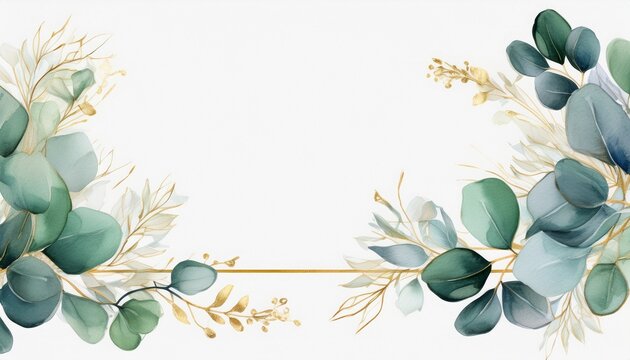 elegant watercolor eucalyptus border frame with gold lines on white background
