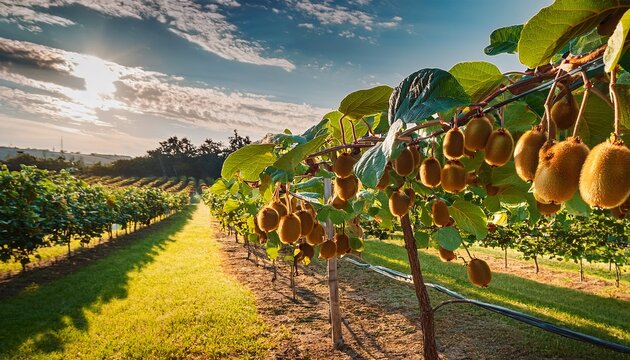 summer orchard view with kiwi fruits turning ripe on kiwi tree limbs