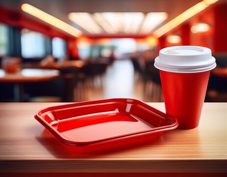 empty fast food restaurant table with red tray and cup