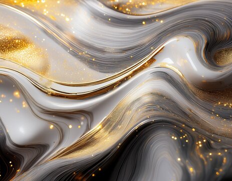 elegant silver and gold liquid marble waves with texture with golden sparkles and bokeh lights for luxury background