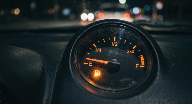 Close-up of car dashboard fuel gauge showing empty tank and glowing low fuel warning light during night drive with blurred city traffic