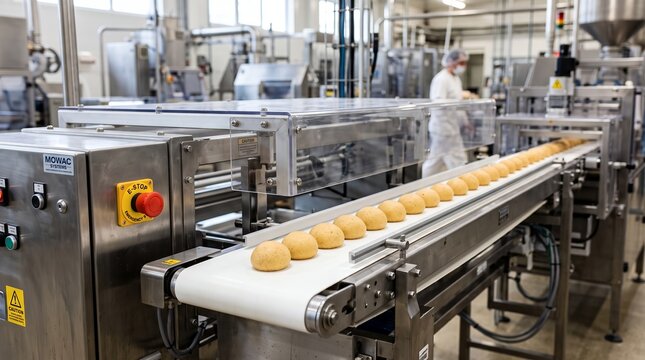 Modern automated production line inside a large food processing factory featuring fresh baked bread rolls moving along a conveyor belt while an operator works nearby bakery