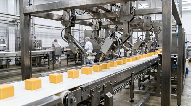 Modern automated production line featuring mechanical arms sorting cheese blocks on a moving conveyor belt inside a clean industrial food processing plant facility with workers
